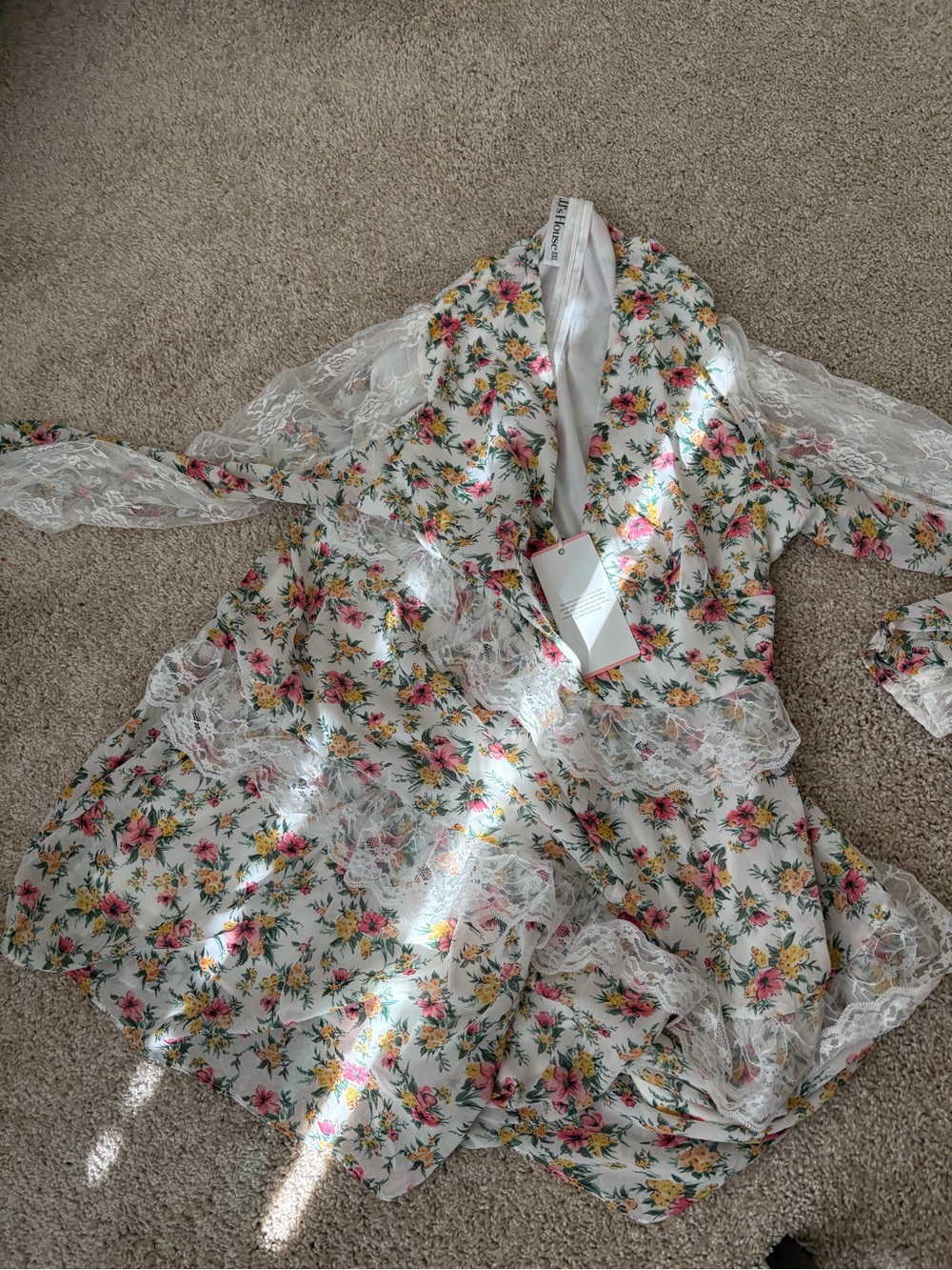 Womens Floral Lace Trim Dress - White with Pink & Yellow Flowers